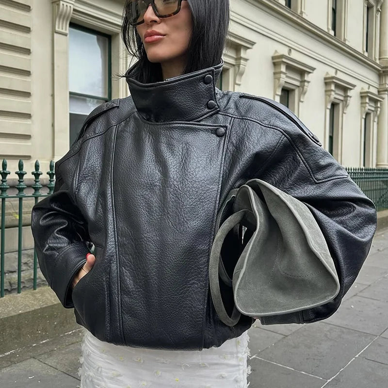 Y2K Black Womens Chef Button Faux Leather Jacket