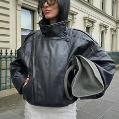 Y2K Black Womens Chef Button Faux Leather Jacket