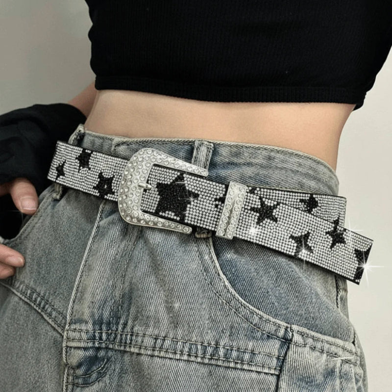 Y2K Bling Bling Star Rhinestone Faux Leather Belt