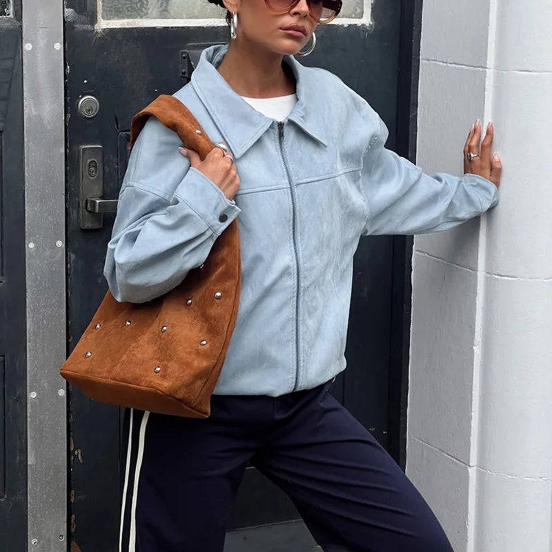 Y2K Blue Faux Suede Leather Jacket