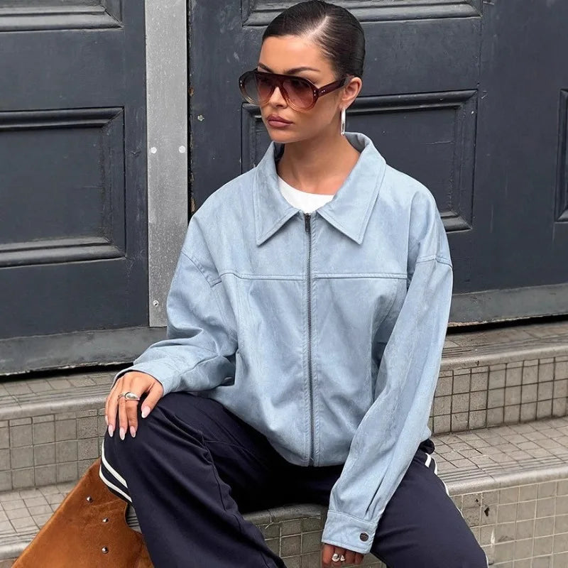 Y2K Blue Faux Suede Leather Jacket