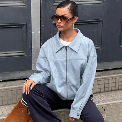Y2K Blue Faux Suede Leather Jacket