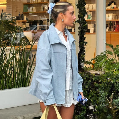 Y2K Blue Faux Suede Leather Jacket
