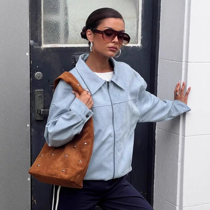Y2K Blue Faux Suede Leather Jacket