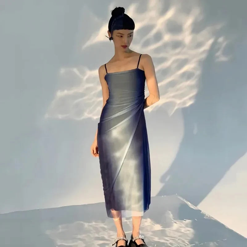 Y2K Blue Gradient Aesthetic Mesh Midi Dress