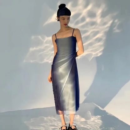 Y2K Blue Gradient Aesthetic Mesh Midi Dress