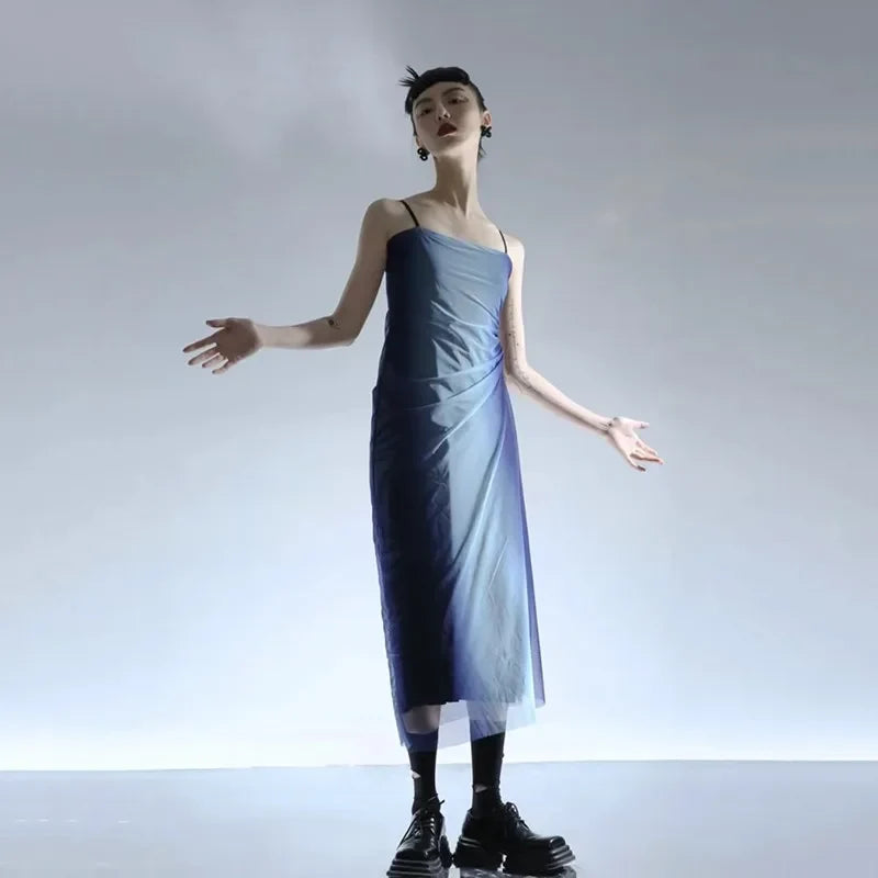 Y2K Blue Gradient Aesthetic Mesh Midi Dress