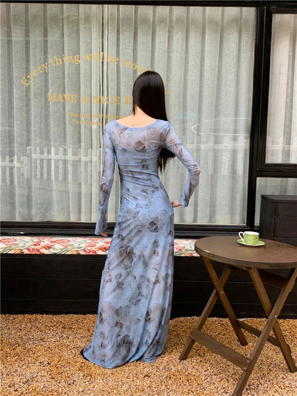 Y2K Blue Mesh Long Sleeve V Neck Maxi Dress