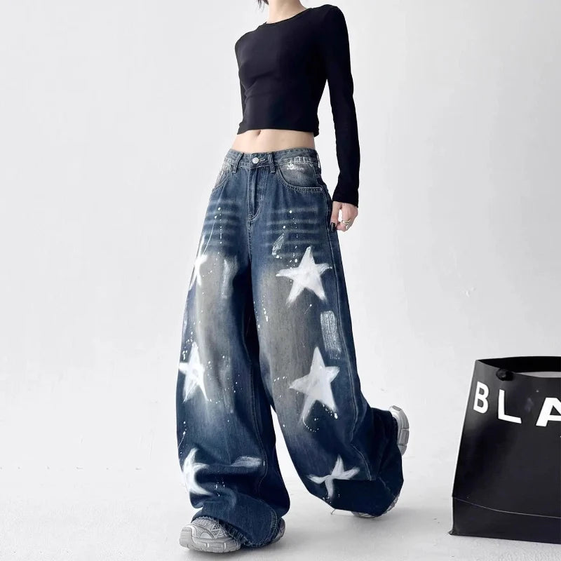 Y2K Blue Star Baggy Wide Leg Jeans