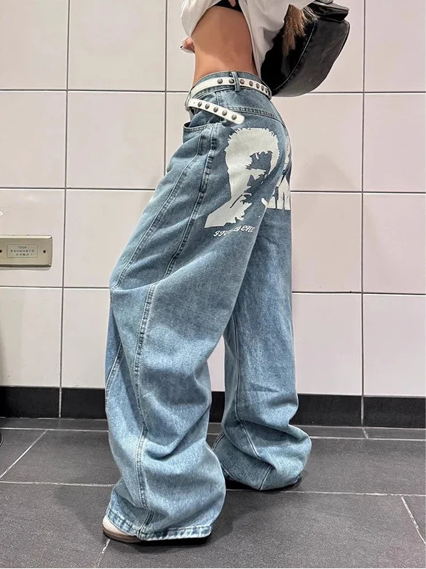 Y2K Blue Vintage Graphic High Waisted Baggy Jeans