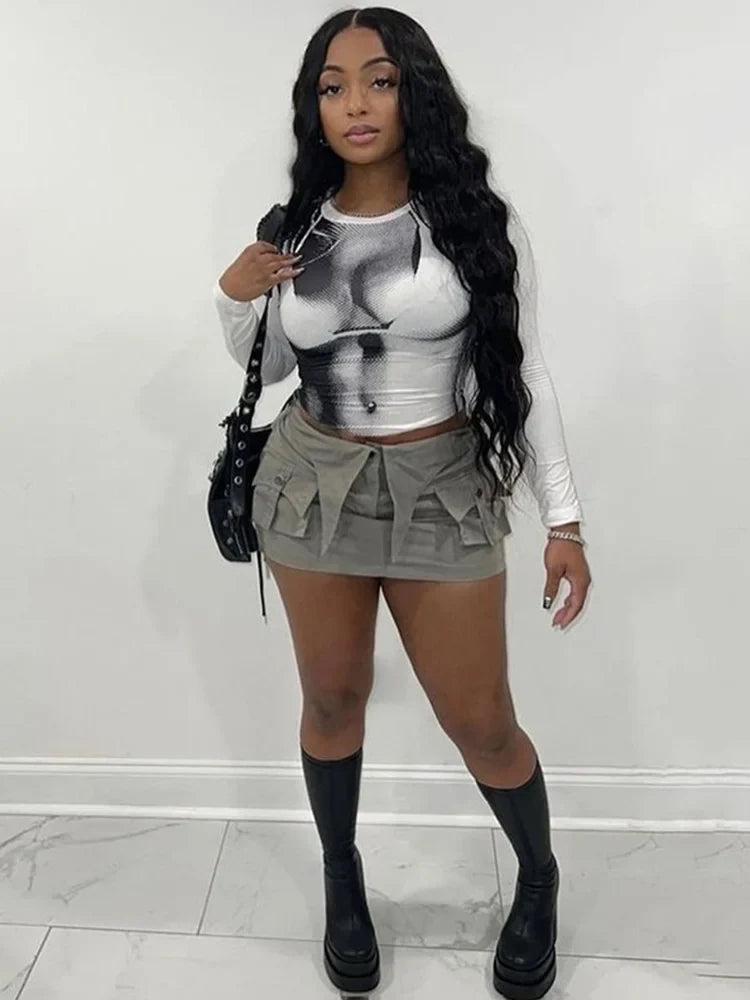 Y2K Body Print Long Sleeve Crop Top