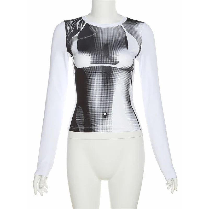 Y2K Body Print Long Sleeve Crop Top
