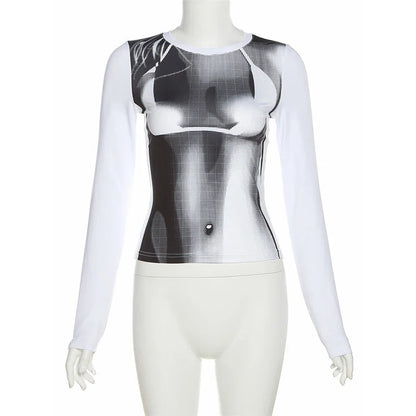 Y2K Body Print Long Sleeve Crop Top