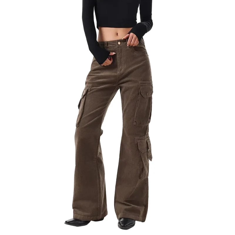 Y2K Brown Spliced High Waist Cargo Flare Jeans