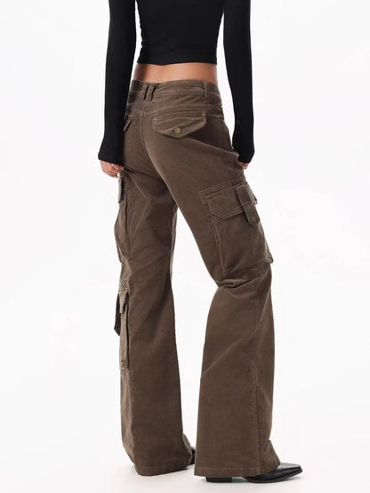 Y2K Brown Spliced High Waist Cargo Flare Jeans