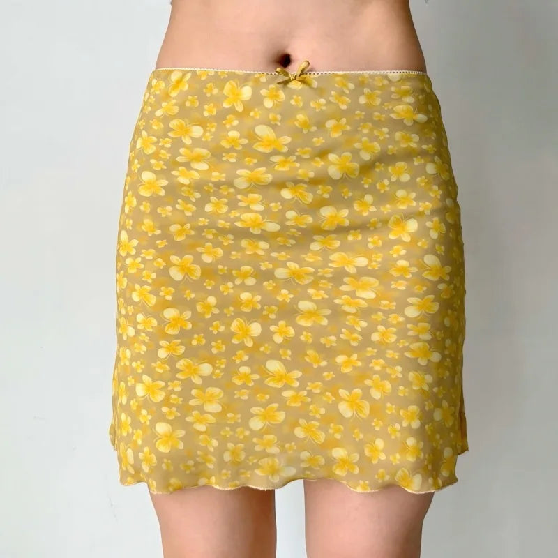 Y2K Butterfly Print Yellow Mini Skirt