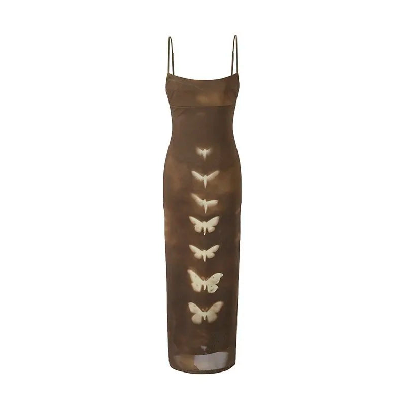 Y2K Butterly Print Brown Mesh Maxi Dress