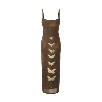 Y2K Butterly Print Brown Mesh Maxi Dress