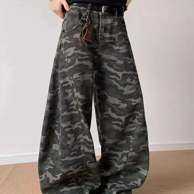 Y2K Camo Denim Curved Baggy Barrel Jeans
