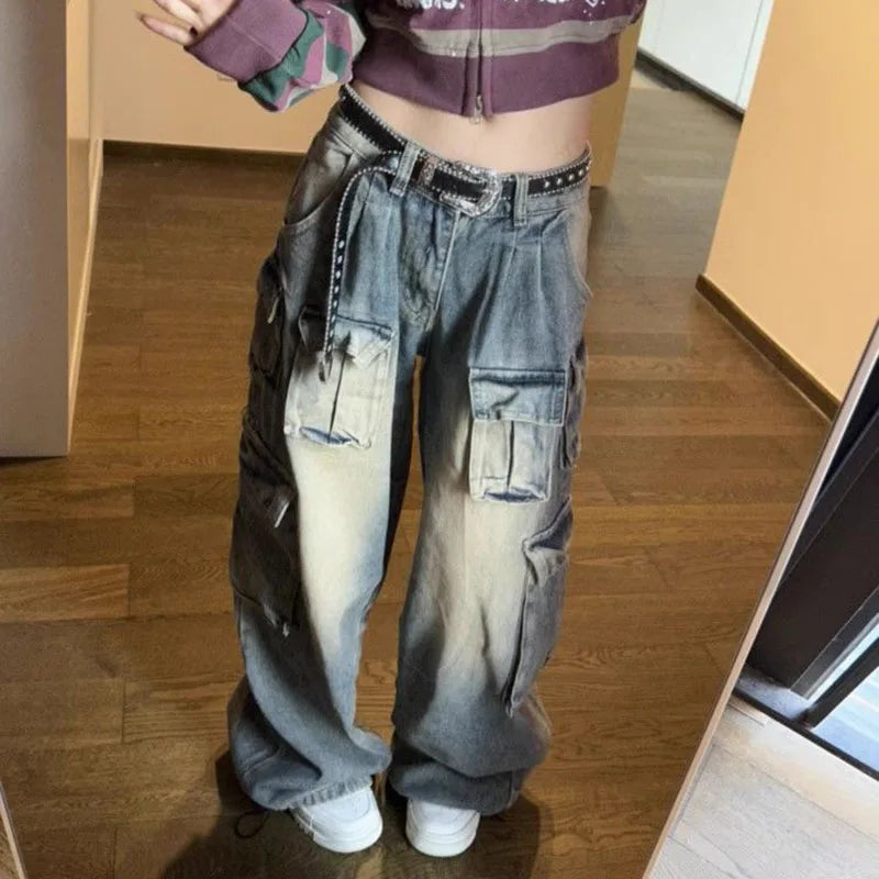 Y2K Cargo Jeans Low Waist Baggy Washed Jeans
