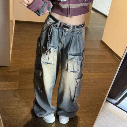 Y2K Cargo Jeans Low Waist Baggy Washed Jeans