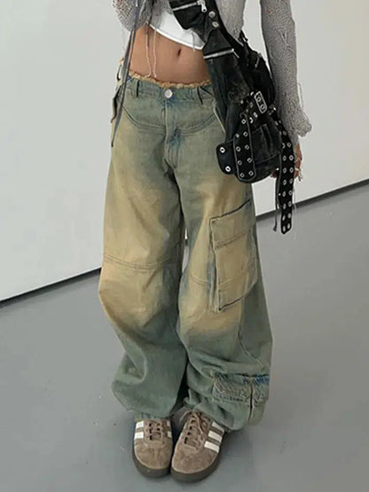 Y2K Cargo Jeans Low Waist Baggy Washed Jeans