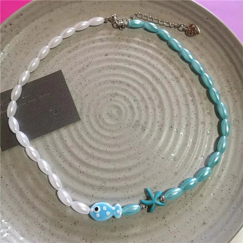 Y2K Ceramic Fish Pendant Beaded Choker Necklace