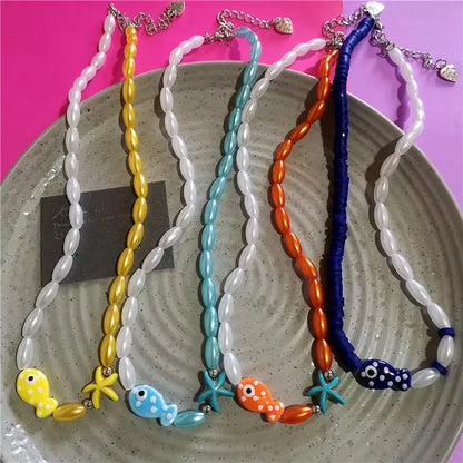Y2K Ceramic Fish Pendant Beaded Choker Necklace