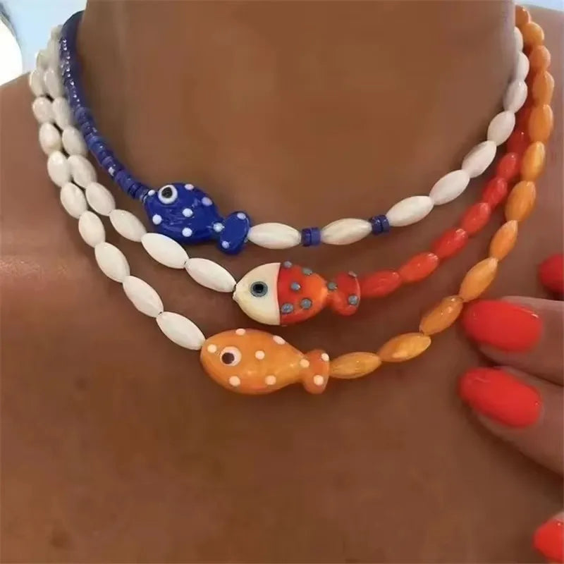 Y2K Ceramic Fish Pendant Beaded Choker Necklace