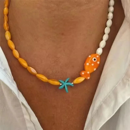 Y2K Ceramic Fish Pendant Beaded Choker Necklace