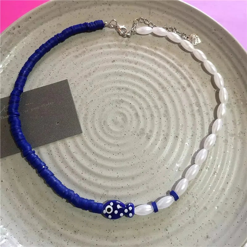Y2K Ceramic Fish Pendant Beaded Choker Necklace