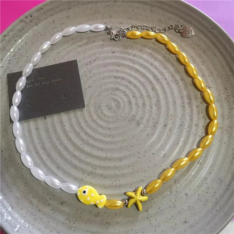 Y2K Ceramic Fish Pendant Beaded Choker Necklace