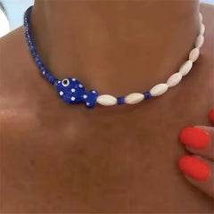 Y2K Ceramic Fish Pendant Beaded Choker Necklace