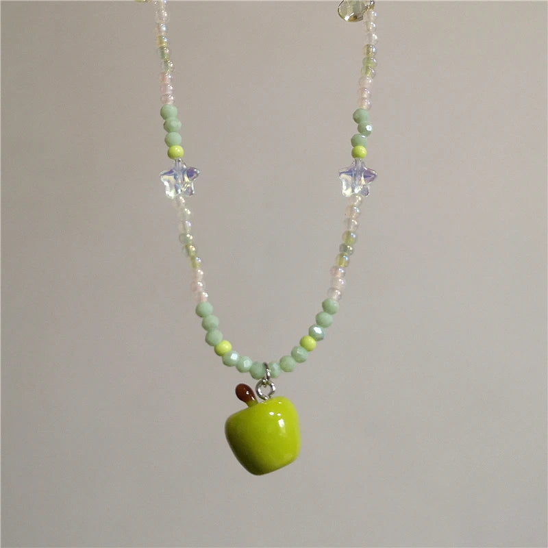 Y2K Ceramic Green Apple Pendant Bead Choker Necklace