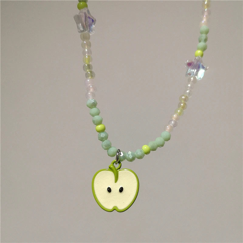 Y2K Ceramic Green Apple Pendant Bead Choker Necklace