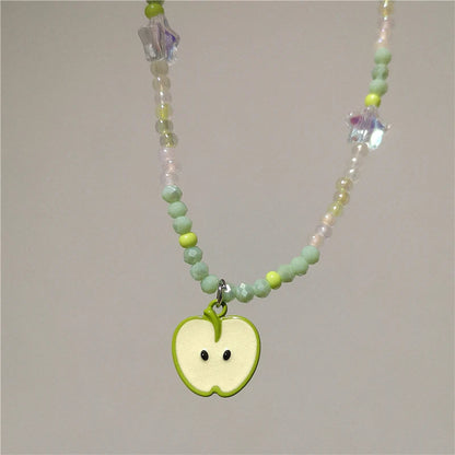 Y2K Ceramic Green Apple Pendant Bead Choker Necklace