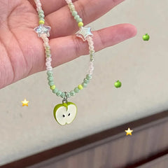 Y2K Ceramic Green Apple Pendant Bead Choker Necklace