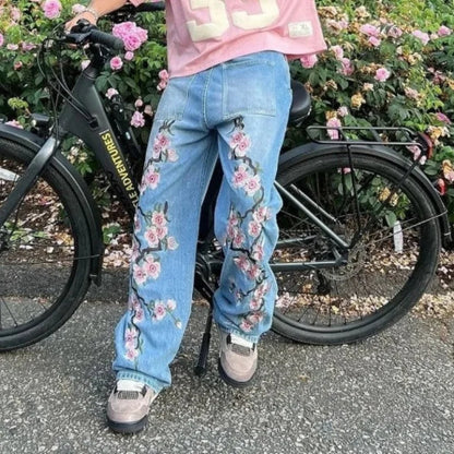 Y2K Cherry Blossom Embroidered Baggy Jeans