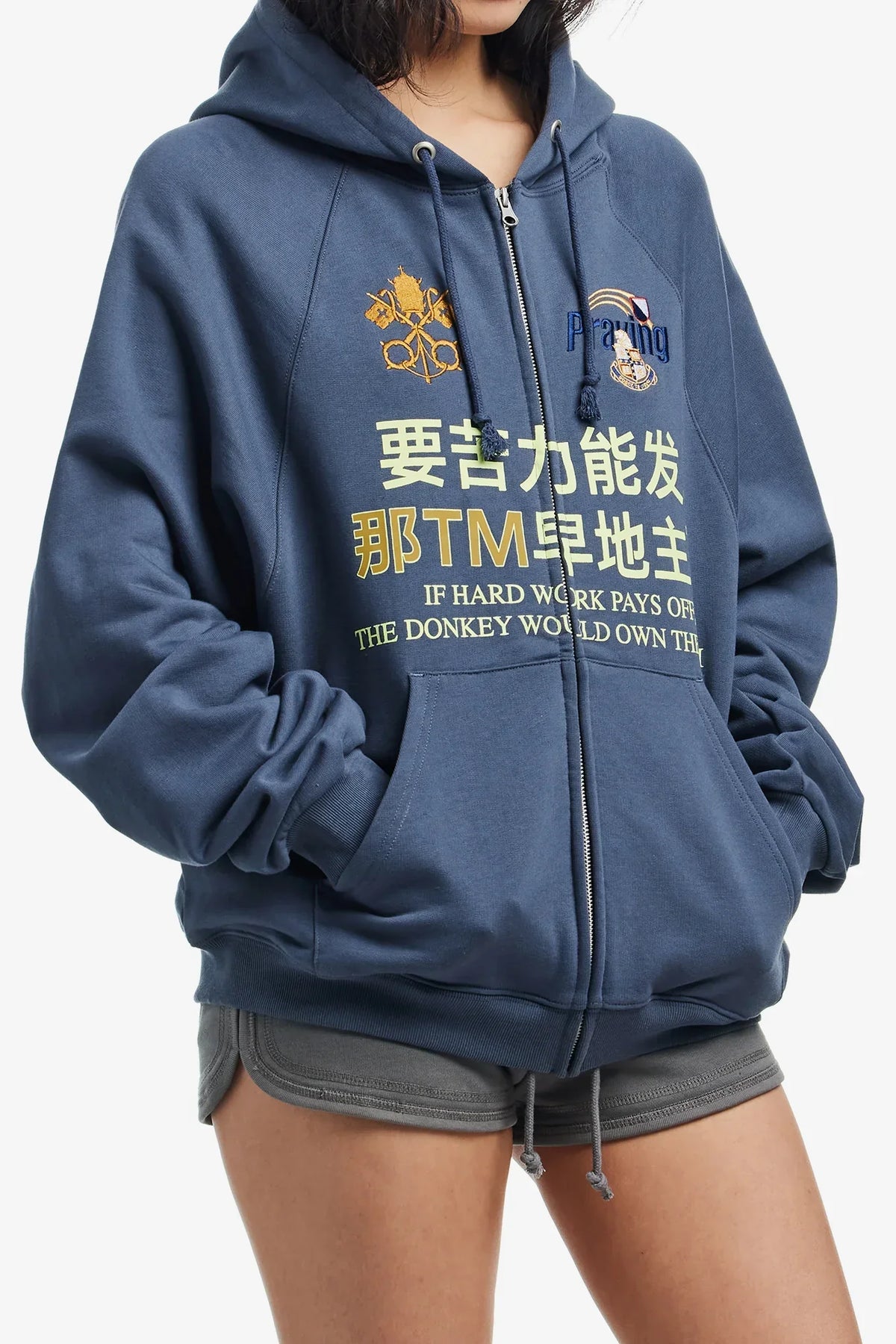 Y2K Chinese Character Embroidered Zip Up Hoodie