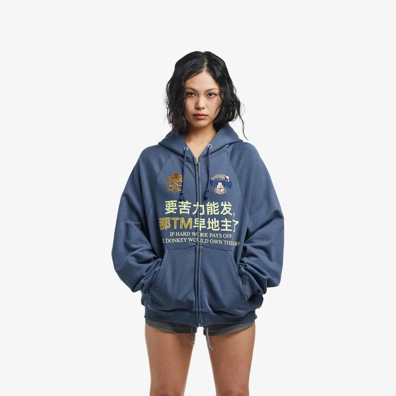 Y2K Chinese Character Embroidered Zip Up Hoodie