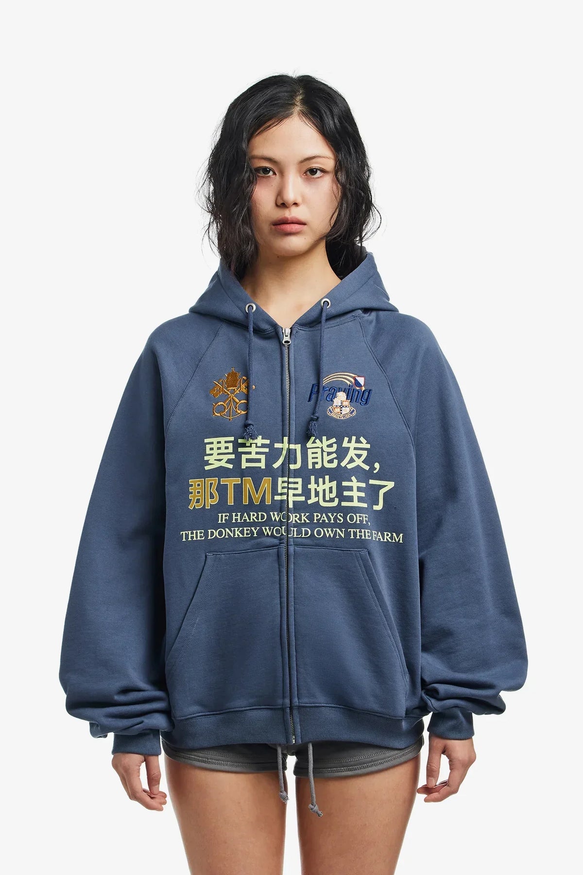 Y2K Chinese Character Embroidered Zip Up Hoodie