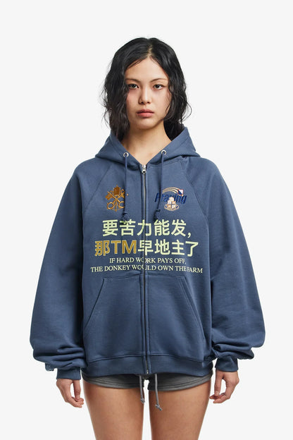 Y2K Chinese Character Embroidered Zip Up Hoodie