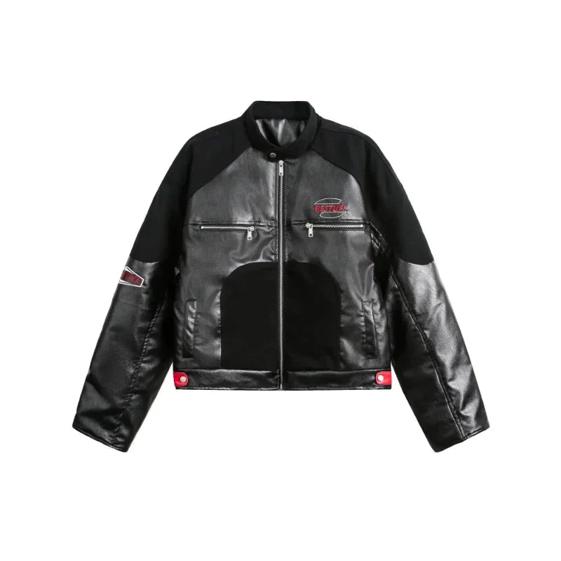 Y2K Contrast PU Leather Panelled Embroidered Motorcycle Jacket