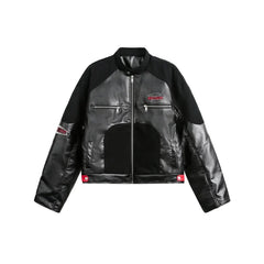 Y2K Contrast PU Leather Panelled Embroidered Motorcycle Jacket
