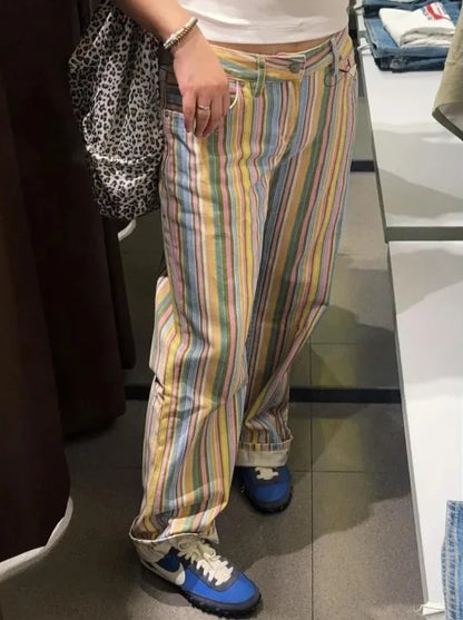 Y2K Contrast Striped Straight Leg Low Waist Jeans
