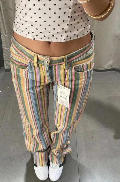 Y2K Contrast Striped Straight Leg Low Waist Jeans