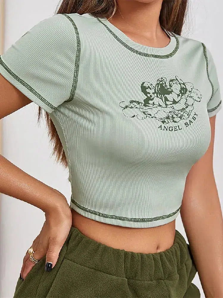 Y2K Cream Angel Baby Crop Top