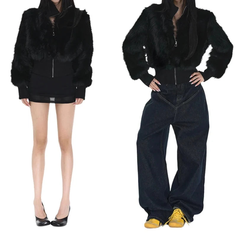 Y2K Cropped Black Faux Fur Zip Up Jacket