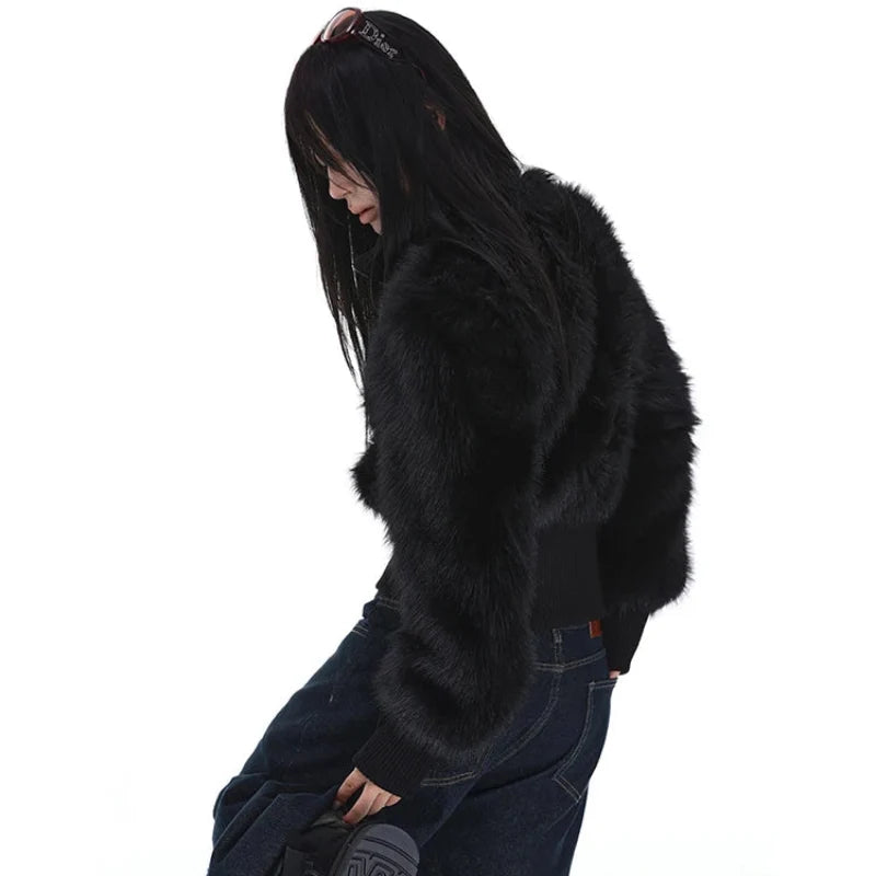 Y2K Cropped Black Faux Fur Zip Up Jacket
