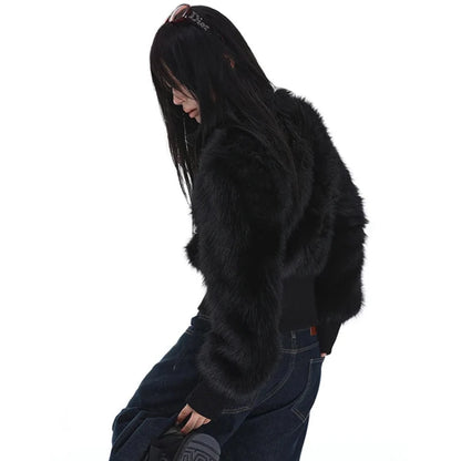Y2K Cropped Black Faux Fur Zip Up Jacket